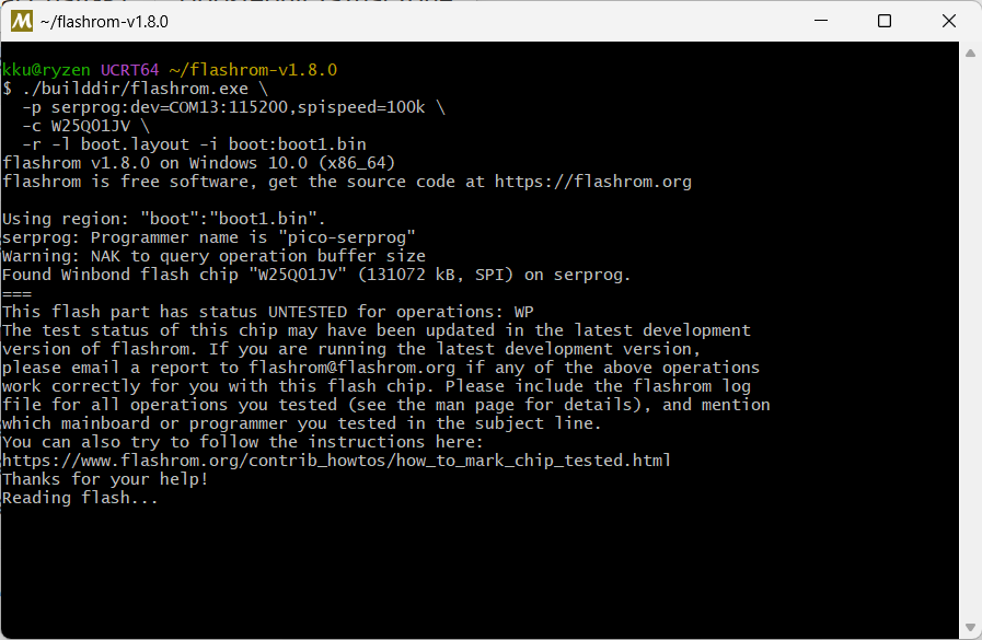 flashrom 1.8 terminal output detecting a Winbond W25Q01JV through pico-serprog